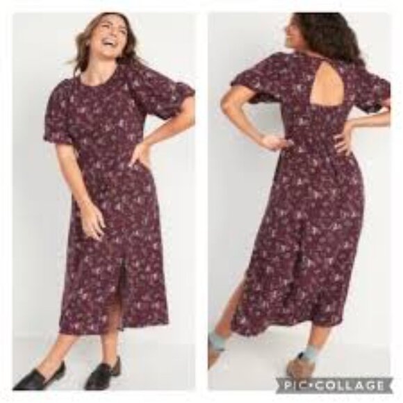 Old Navy Dresses & Skirts - Old Navy Maxi Shift Dress Size 3X Puff Sleeve Floral Plum Lightweight So…